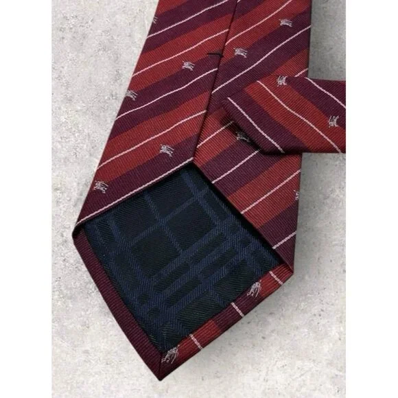 BURBERRY Silk Tie ITALY Burgundy Striped Monogram Logo W:3.8" EUC - Picture 5 of 6